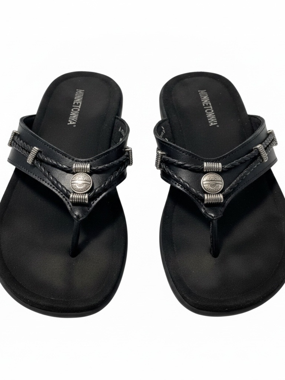 Minnetonka Black Braided Thong Sandal with Decorative Conchos